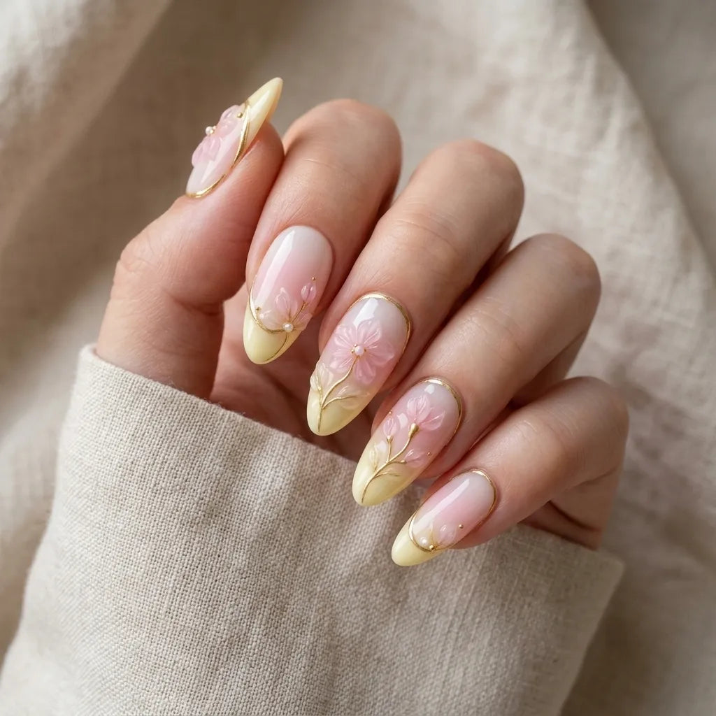 pastel pink light yellow 3d french tip almond press on nails cherry blossom mockup 01