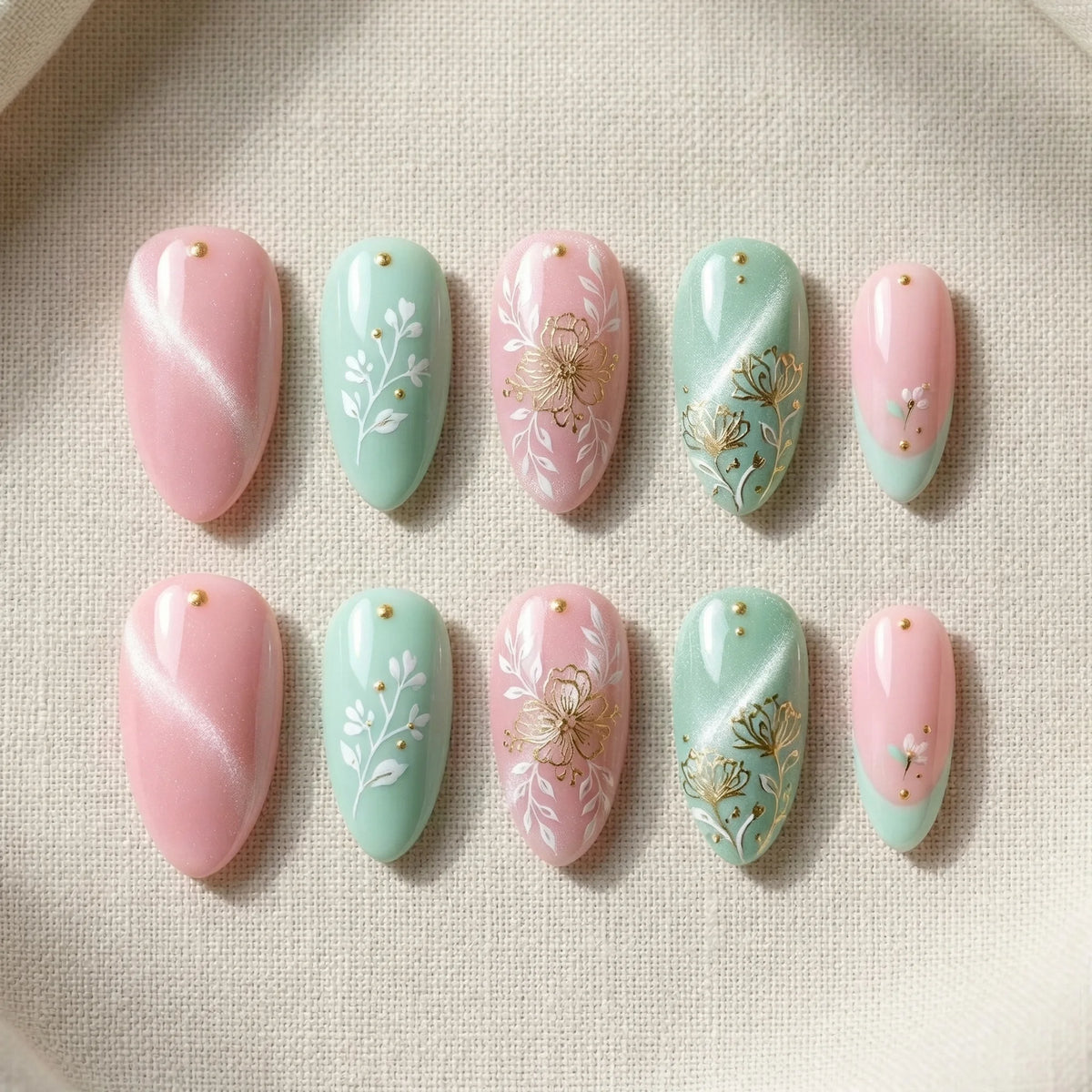 pastel pink ombre almond medium press on nails flat lay 01