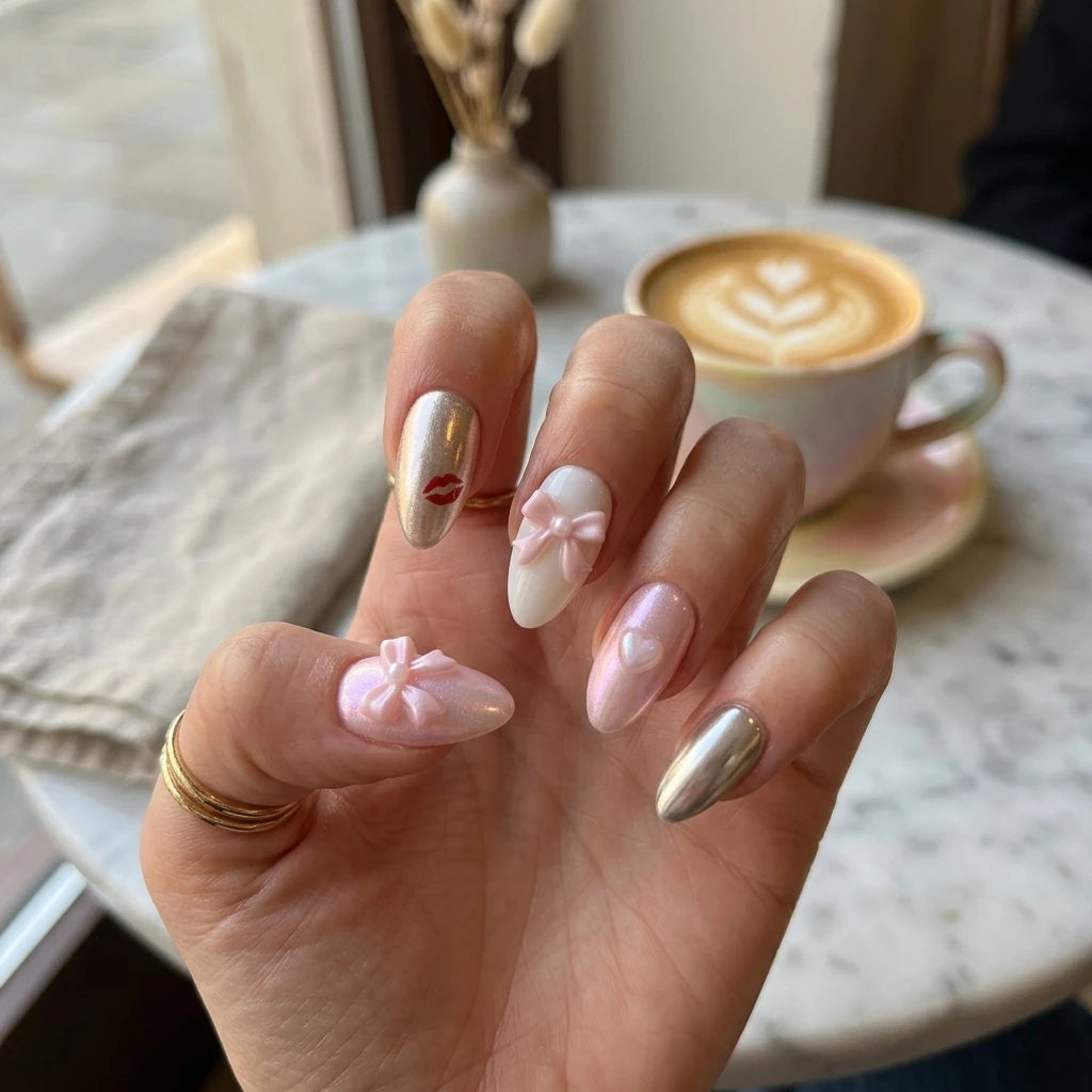 pastel pink white chrome almond press on nails coquette bow lips detail 03 alt