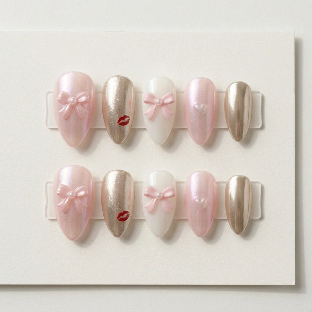 pastel pink white chrome almond press on nails coquette bow lips flat lay 04
