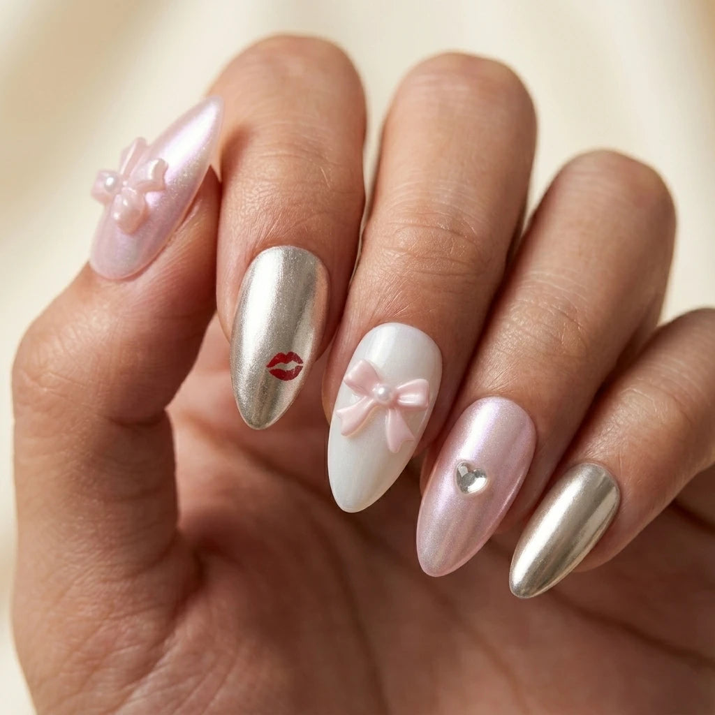 pastel pink white chrome almond press on nails coquette bow lips lifestyle 02