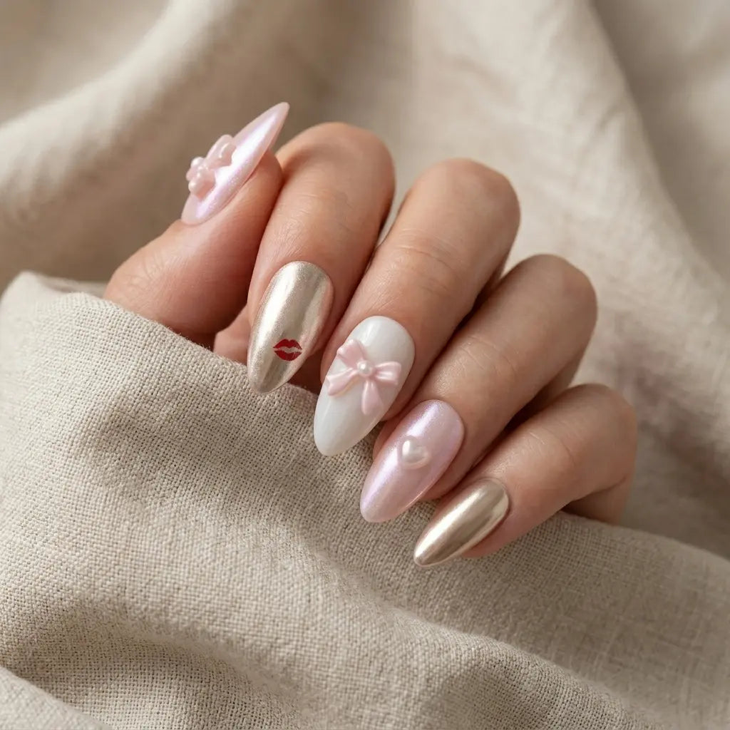 pastel pink white chrome almond press on nails coquette bow lips mockup 01
