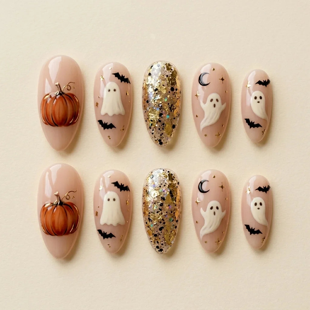 peach nude 3d almond press on nails halloween ghost pumpkin glitter detail 03