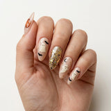 peach nude 3d almond press on nails halloween ghost pumpkin glitter flat lay 04
