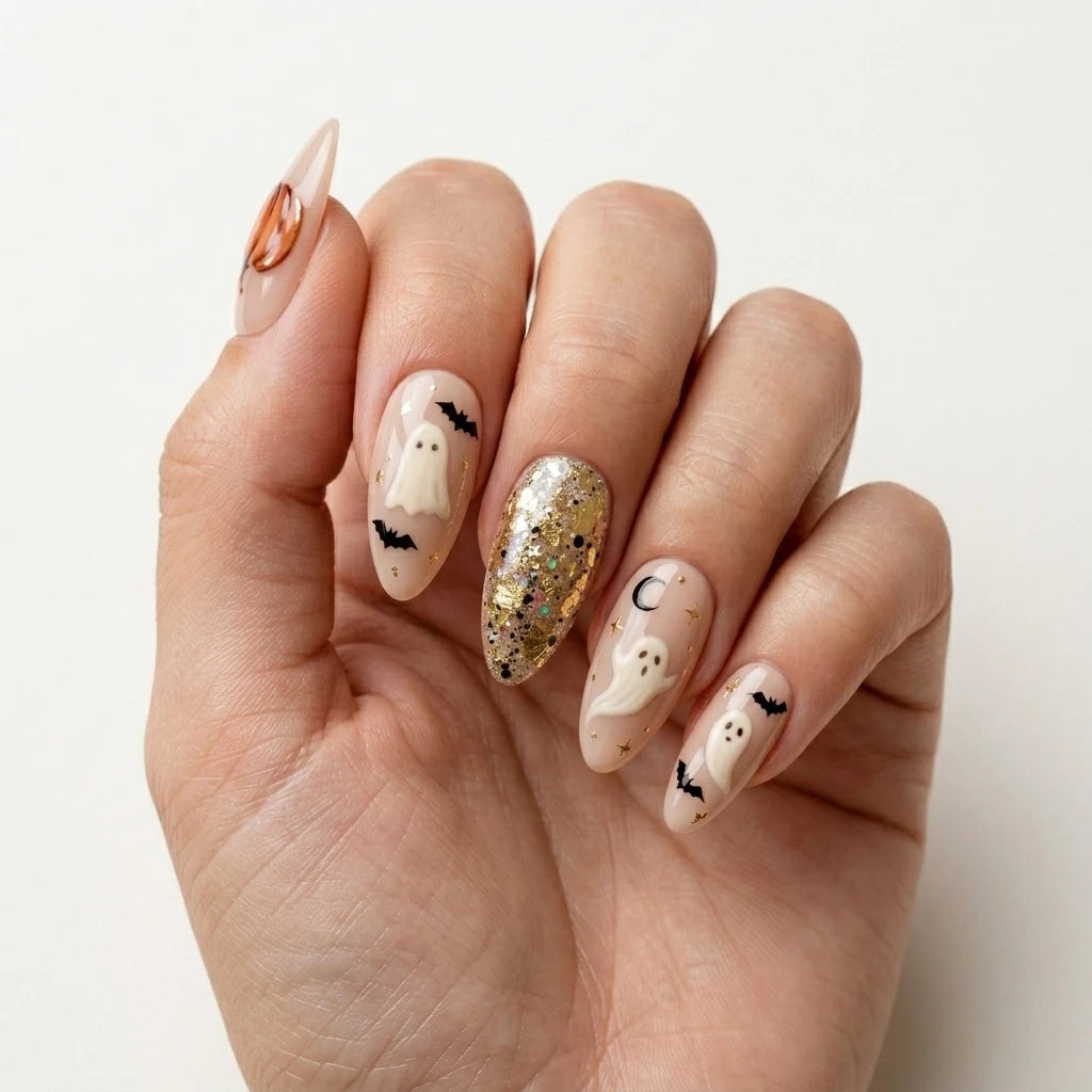 peach nude 3d almond press on nails halloween ghost pumpkin glitter flat lay 04