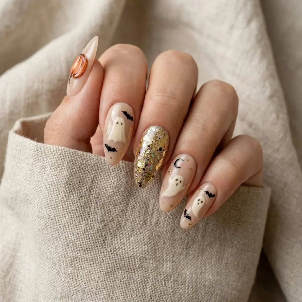 peach nude 3d almond press on nails halloween ghost pumpkin glitter lifestyle 02