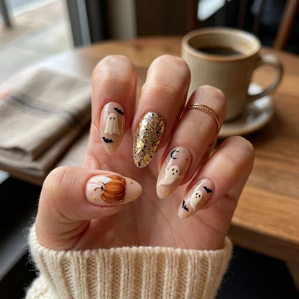 peach nude 3d almond press on nails halloween ghost pumpkin glitter mockup 01