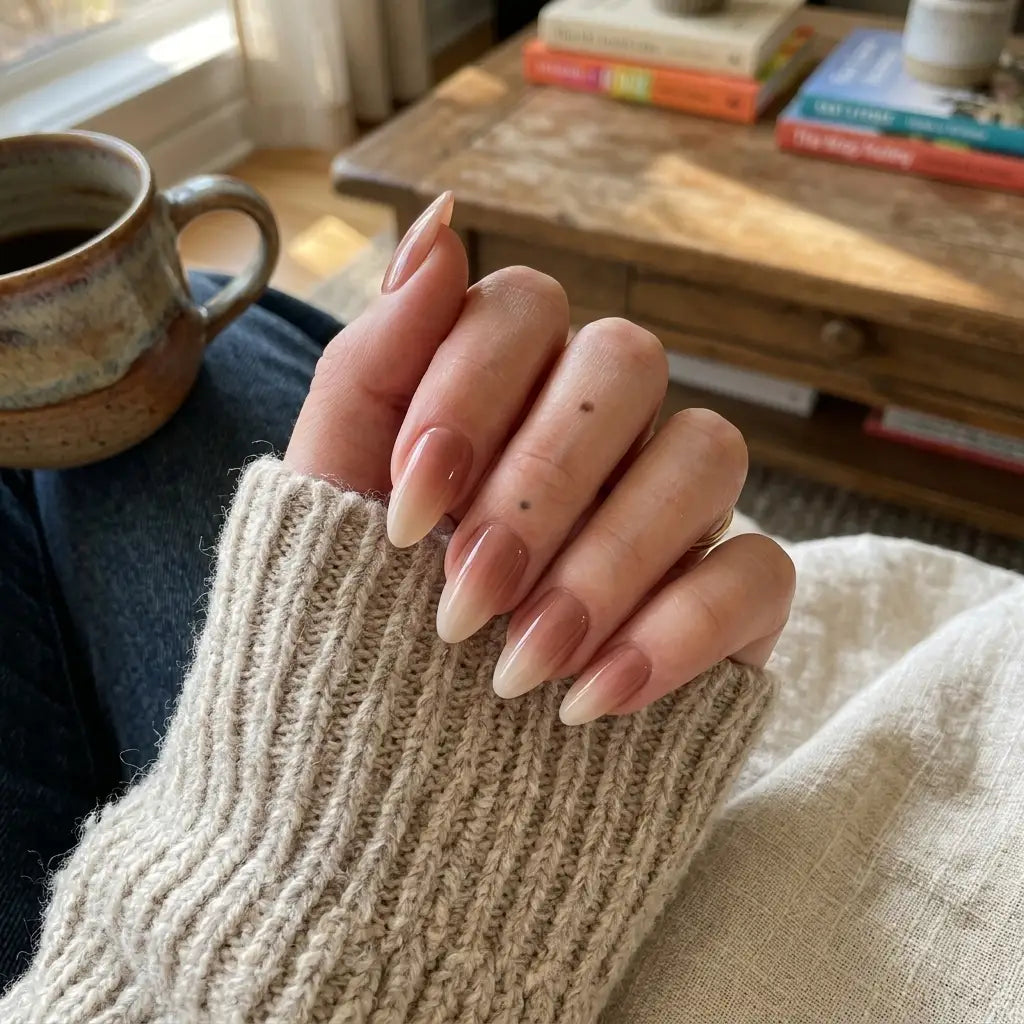 peach nude ombre coffin long press on nails detail 03