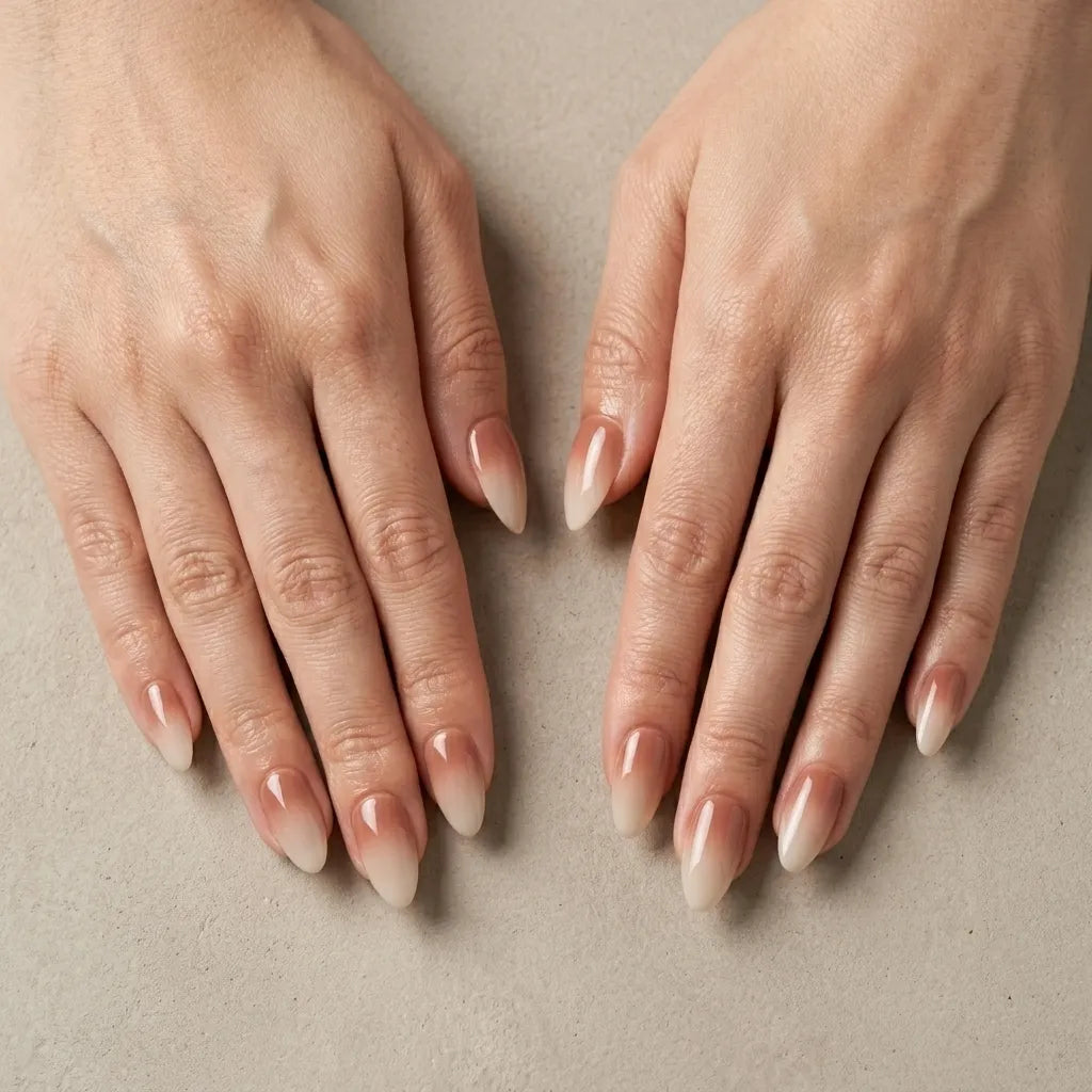 peach nude ombre coffin long press on nails detail 04