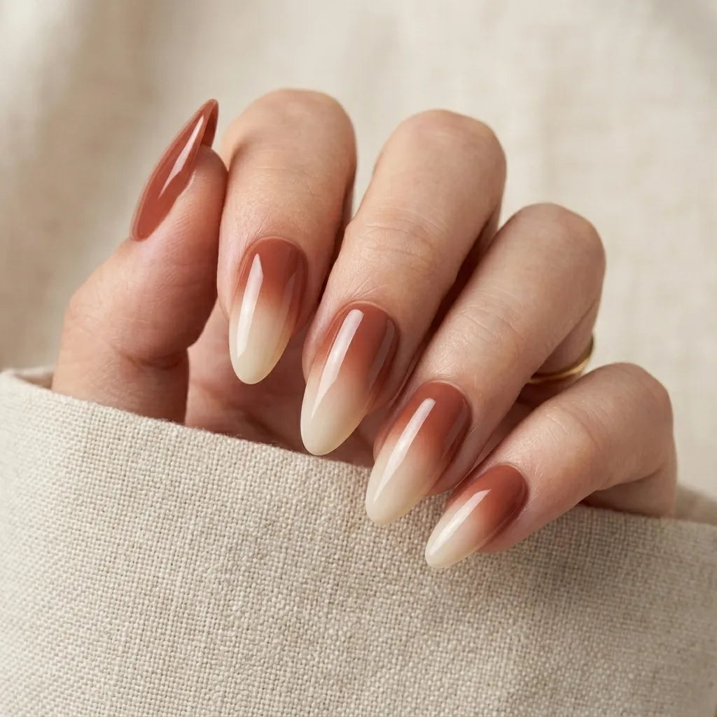 peach nude ombre coffin long press on nails detail 05