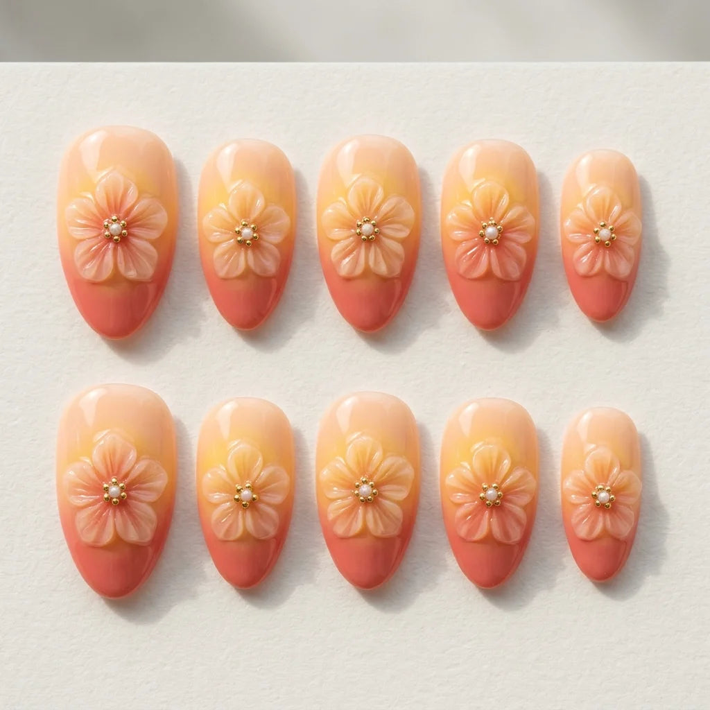 peach orange 3d ombre almond press on nails flower pearl dew drop flat lay 04