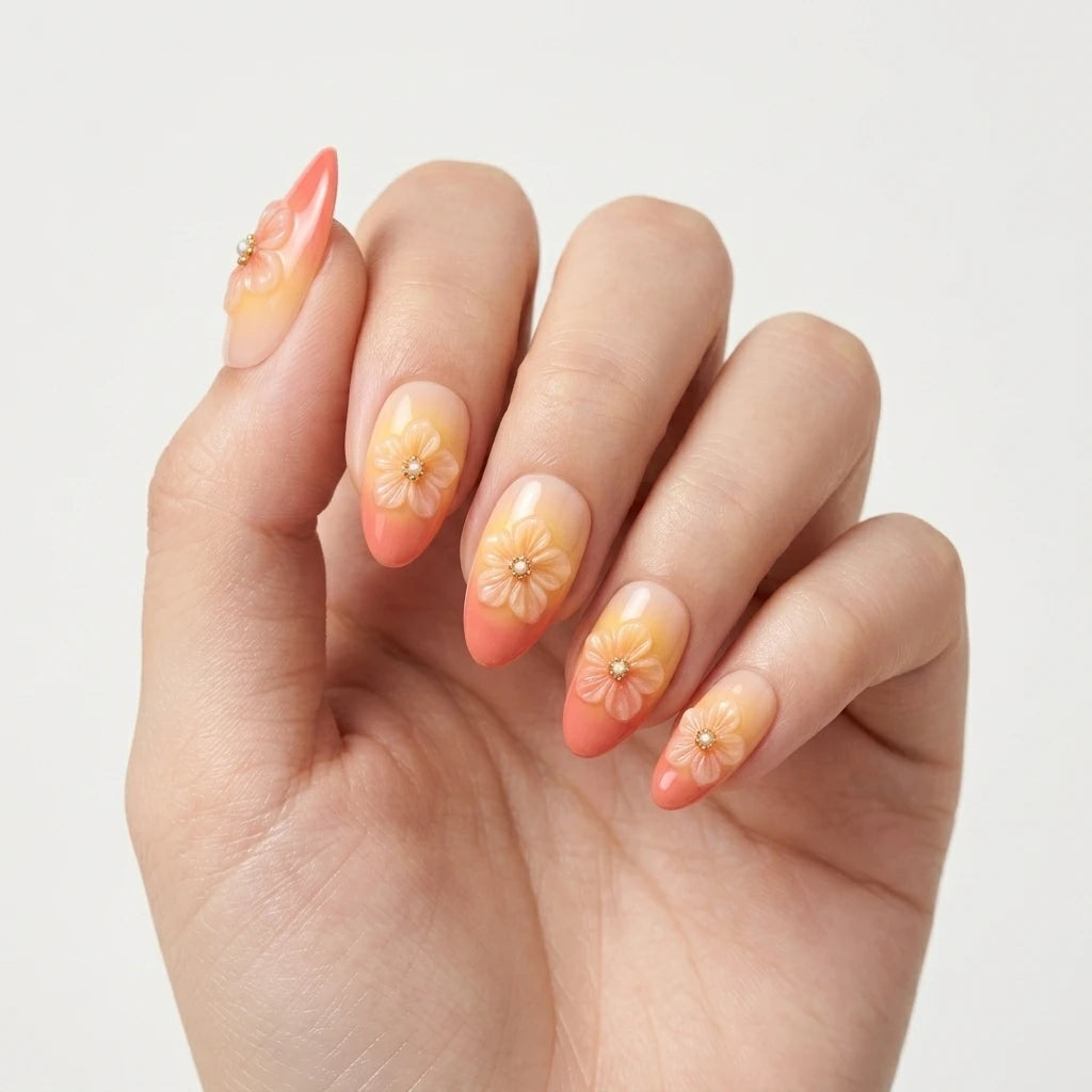 peach orange 3d ombre almond press on nails flower pearl dew drop lifestyle 02