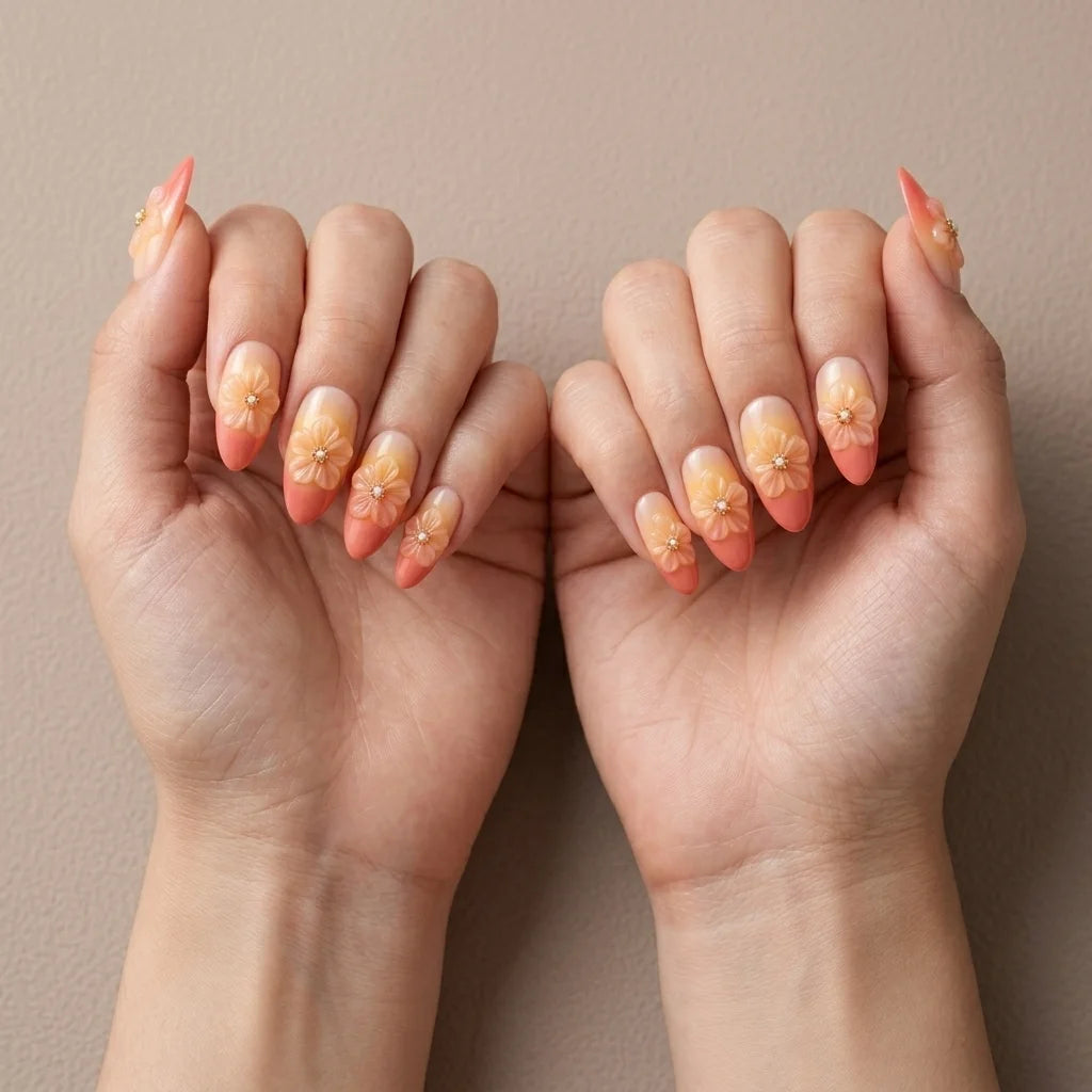 peach orange 3d ombre almond press on nails flower pearl dew drop lifestyle 03