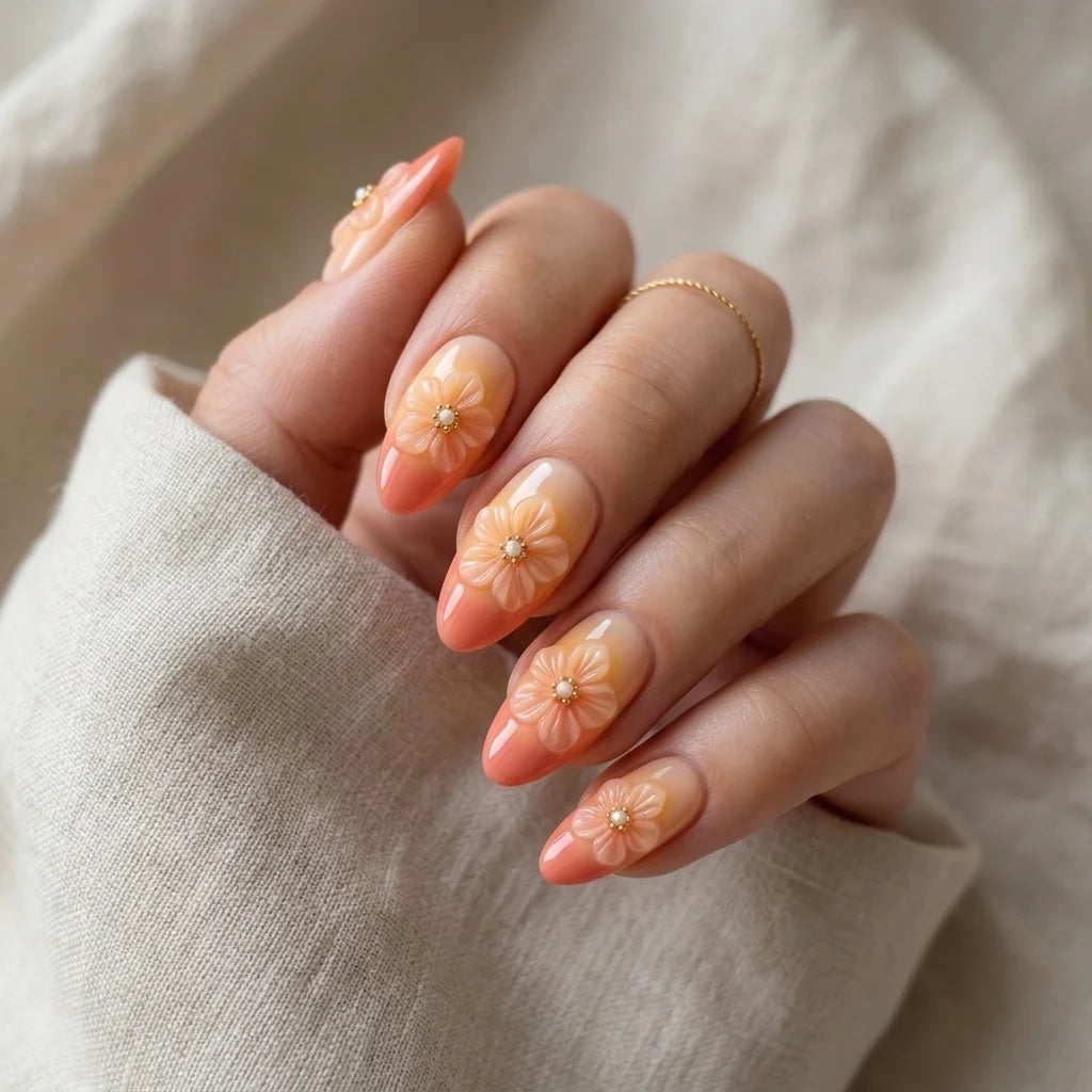peach orange 3d ombre almond press on nails flower pearl dew drop mockup 01