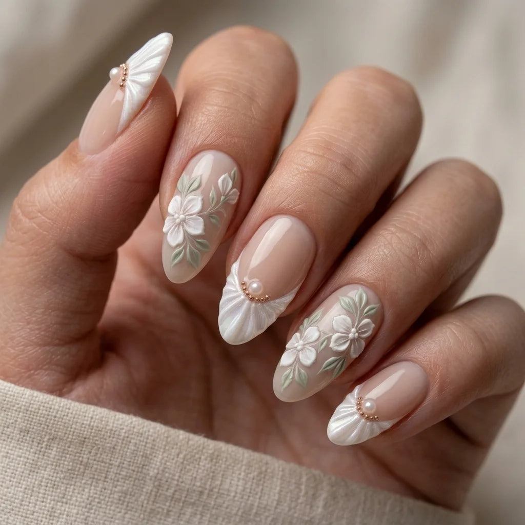 peach pink milky white 3d french tip almond press on nails shell flower detail 03