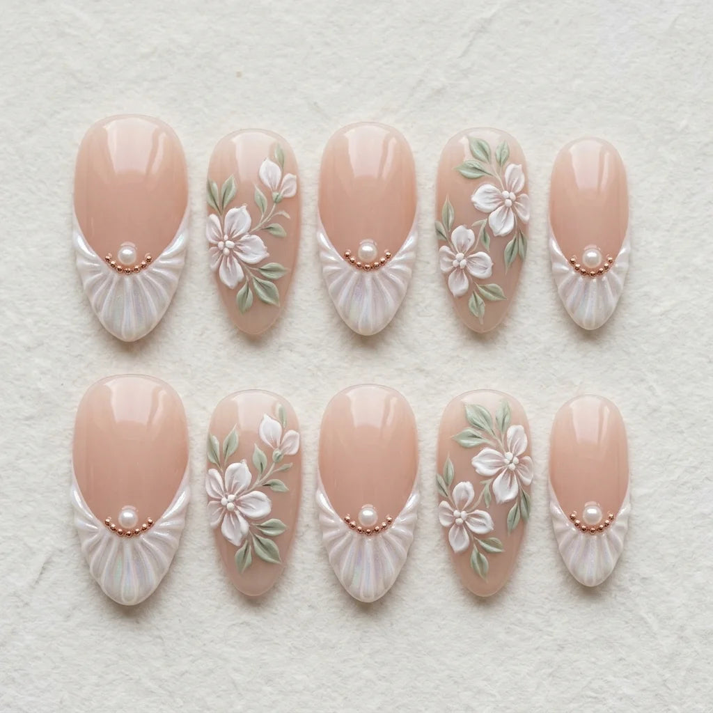 peach pink milky white 3d french tip almond press on nails shell flower flat lay 04
