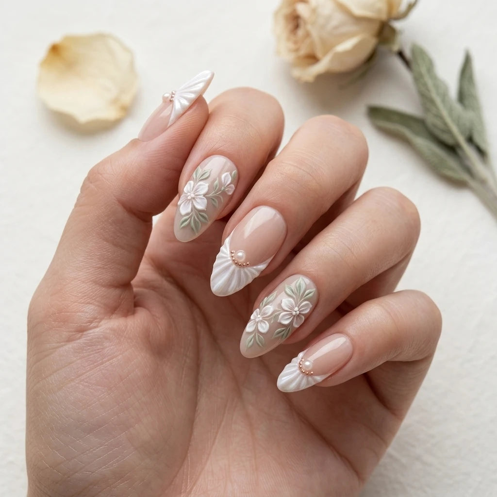 peach pink milky white 3d french tip almond press on nails shell flower lifestyle 02