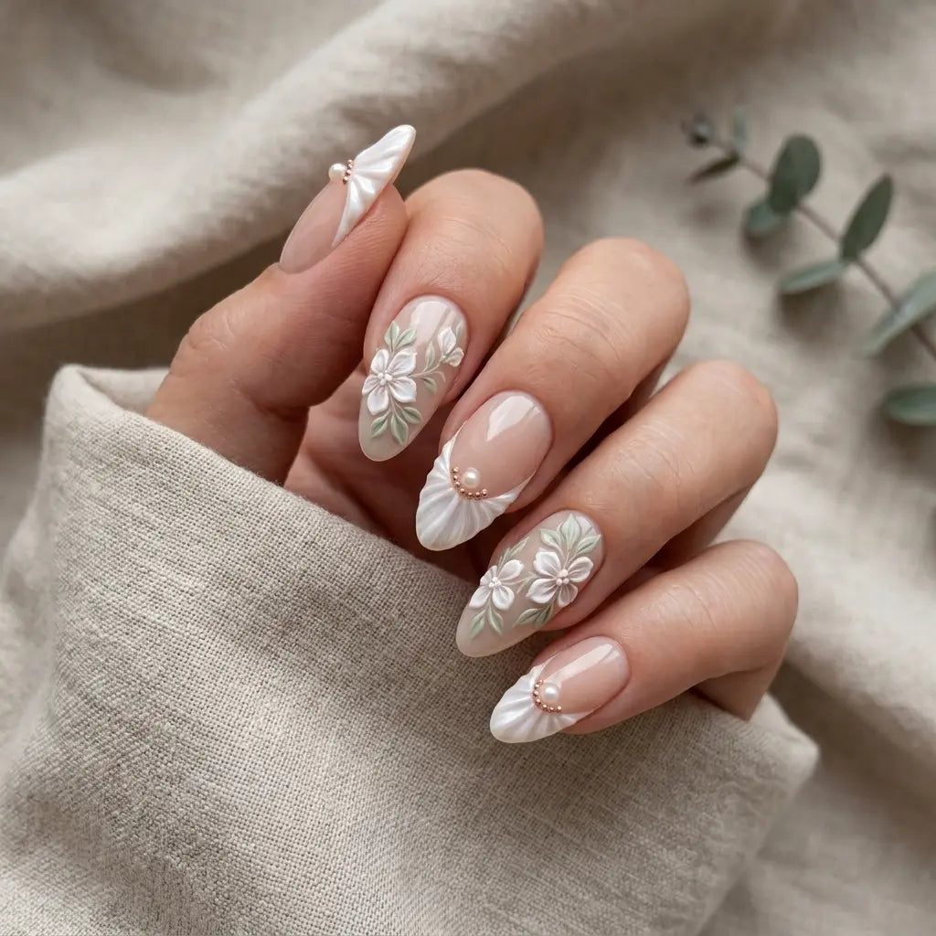 peach pink milky white 3d french tip almond press on nails shell flower mockup 01