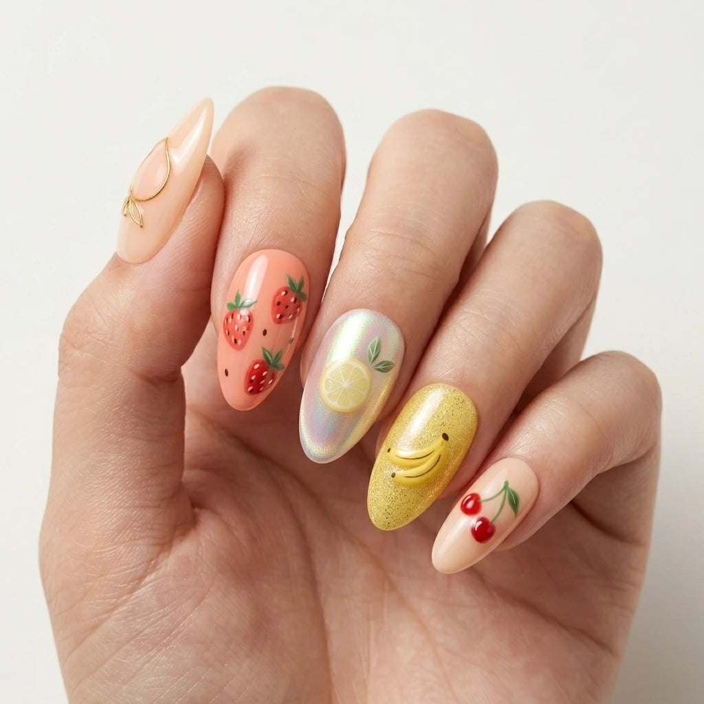 peach pink yellow 3d almond press on nails tropical fruit detail 01
