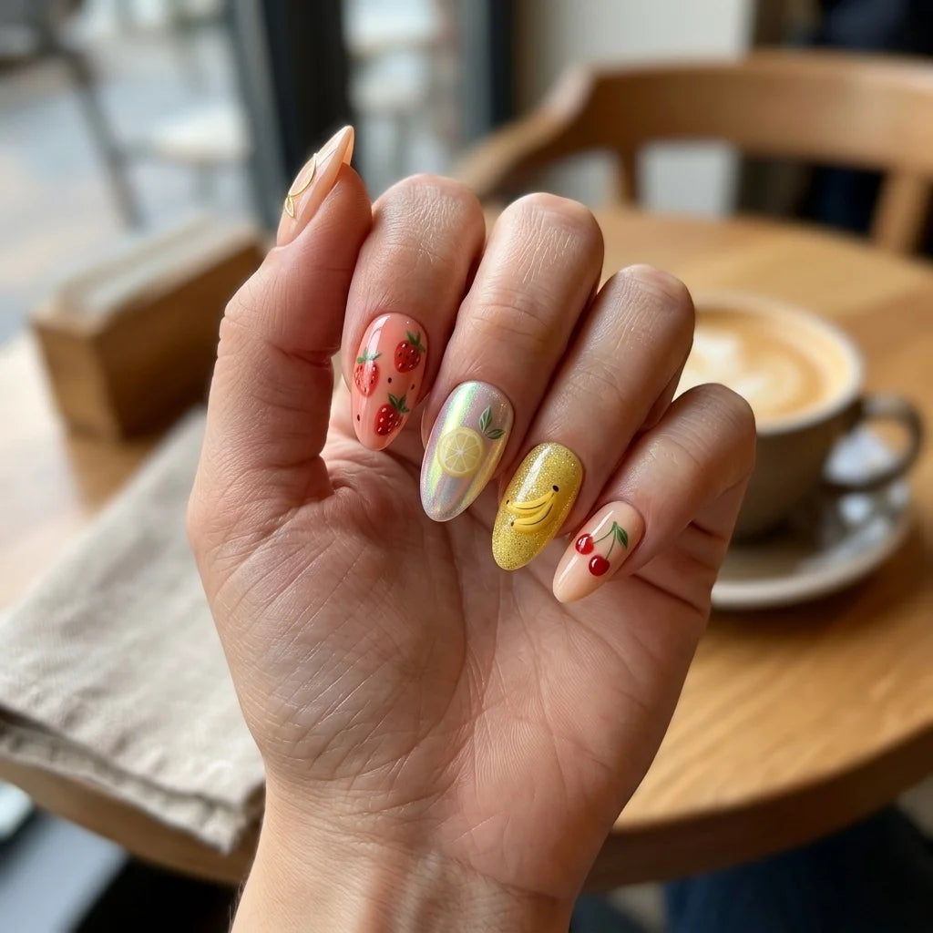 peach pink yellow 3d almond press on nails tropical fruit lifestyle 01