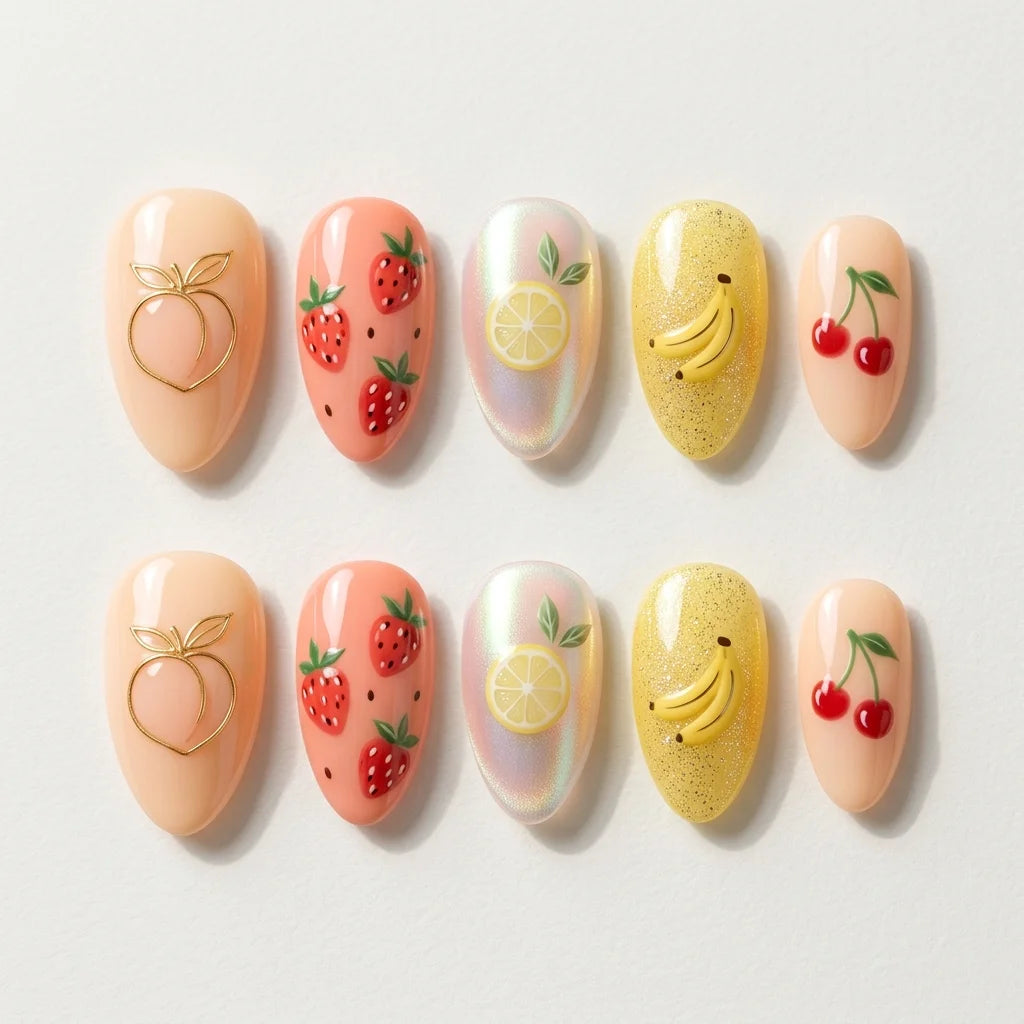peach pink yellow 3d almond press on nails tropical fruit mockup 01