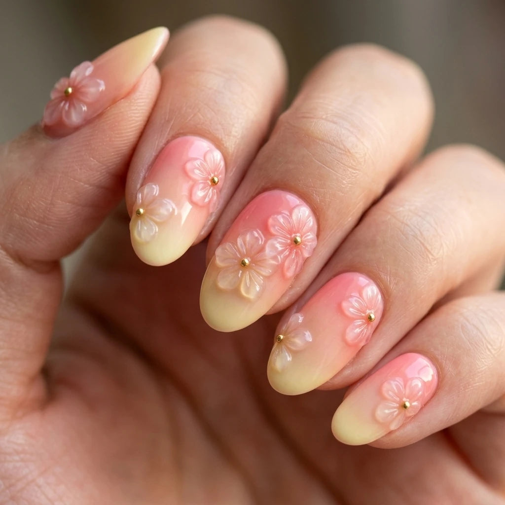 peach yellow 3d ombre oval press on nails cherry blossom detail 05