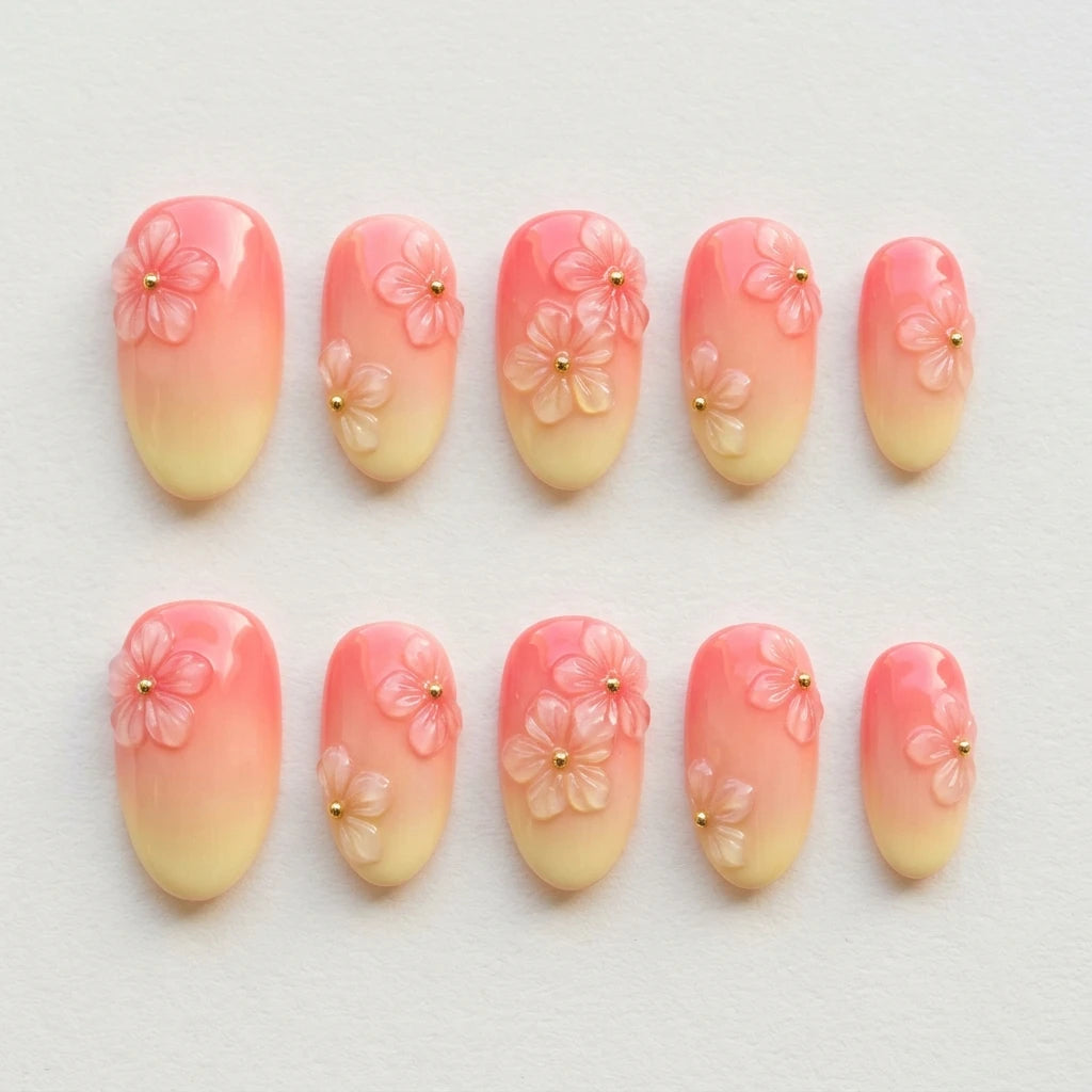peach yellow 3d ombre oval press on nails cherry blossom mockup 01