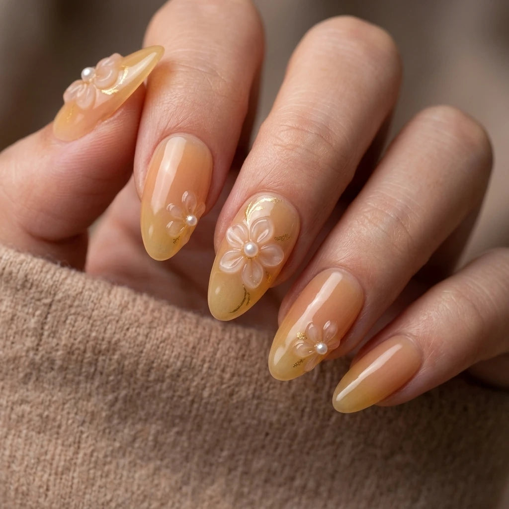 peach yellow ombre 3d almond press on nails peony bloom pearl detail 04