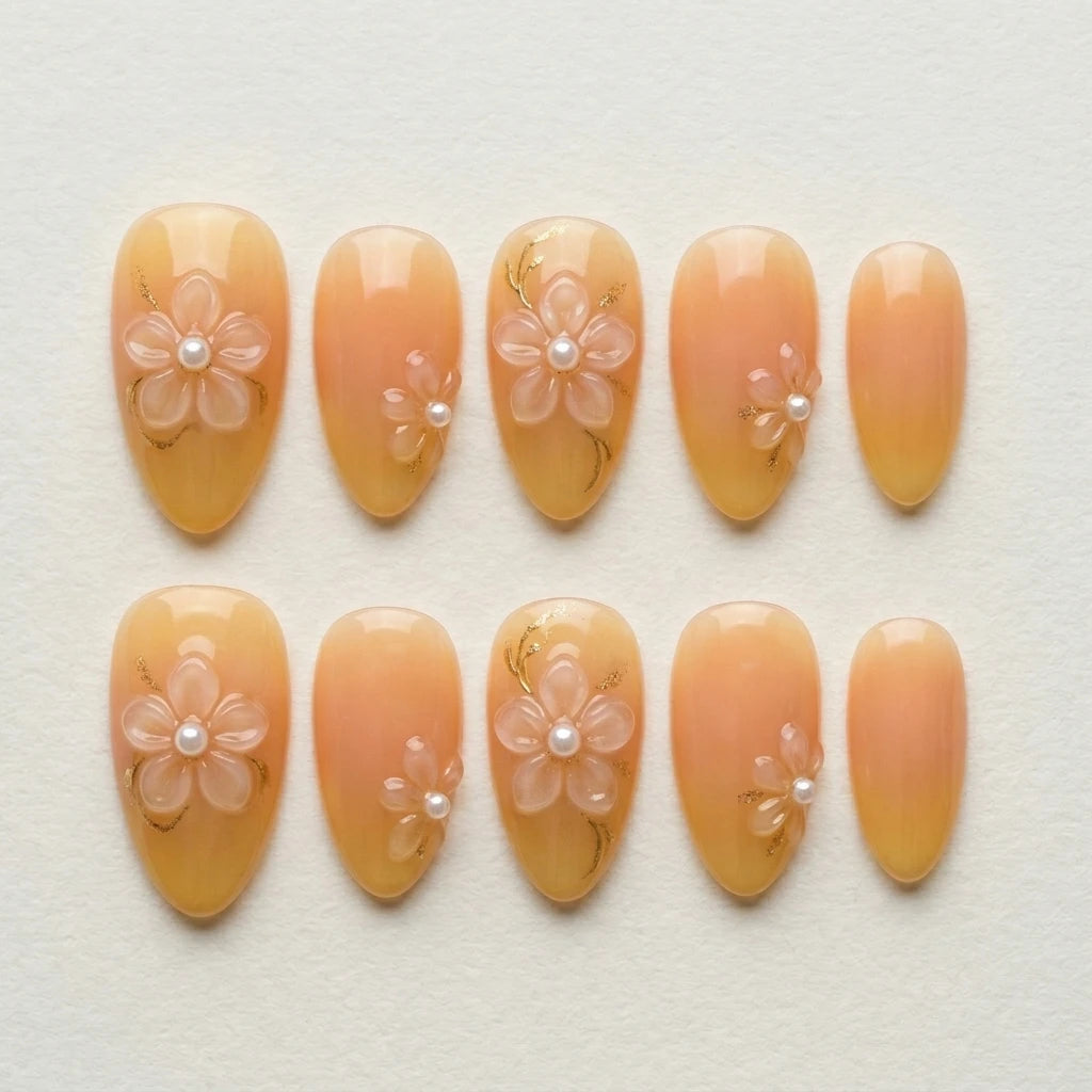 peach yellow ombre 3d almond press on nails peony bloom pearl mockup 02