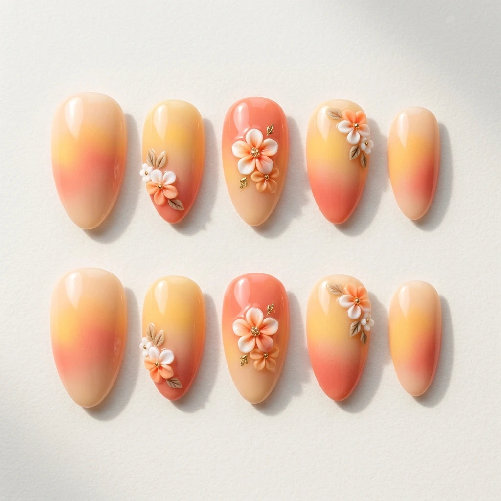 peach yellow white 3d ombre almond press on nails peony bloom botanical detail 03