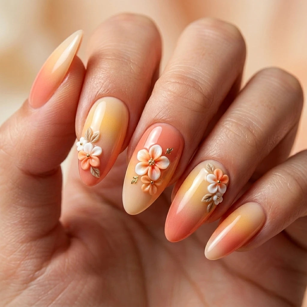 peach yellow white 3d ombre almond press on nails peony bloom botanical detail 04