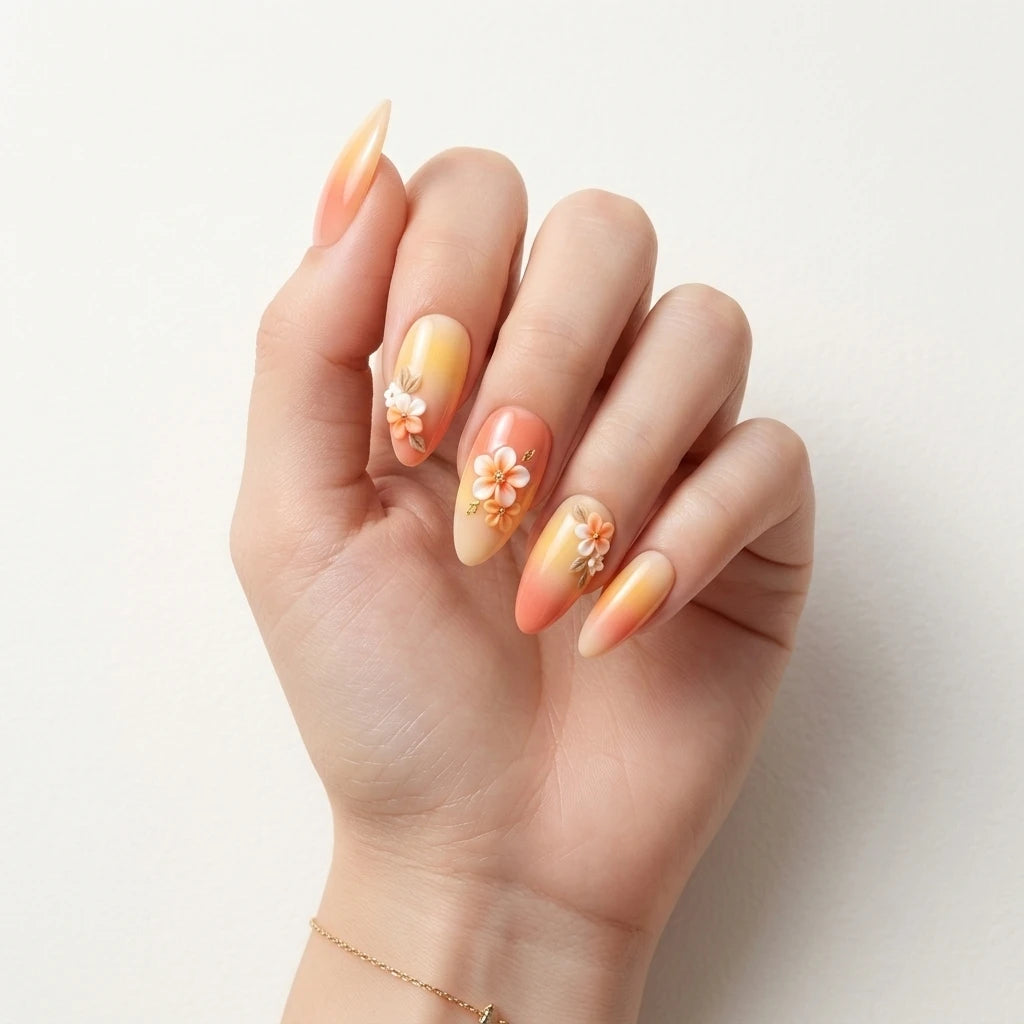 peach yellow white 3d ombre almond press on nails peony bloom botanical mockup 01