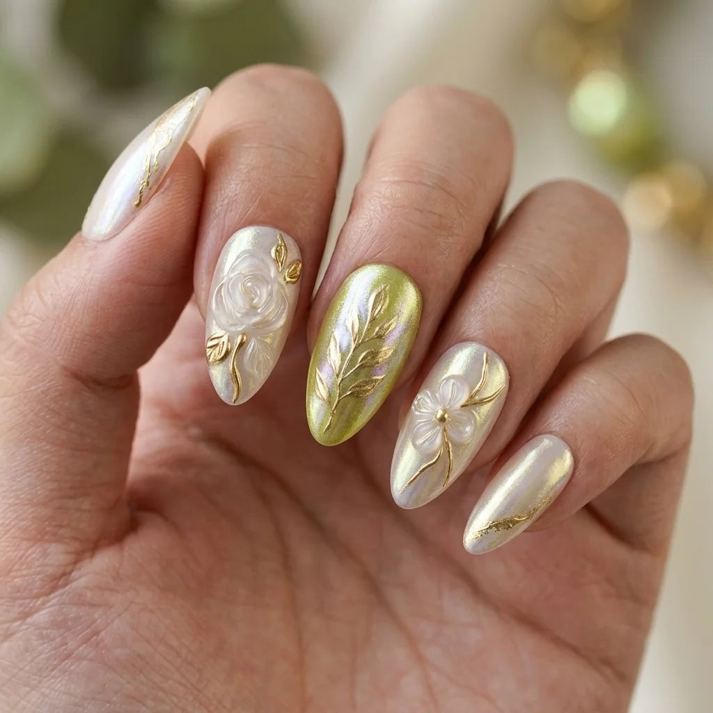 pearl lime gold 3d chrome almond press on nails rose floral vine detail 04