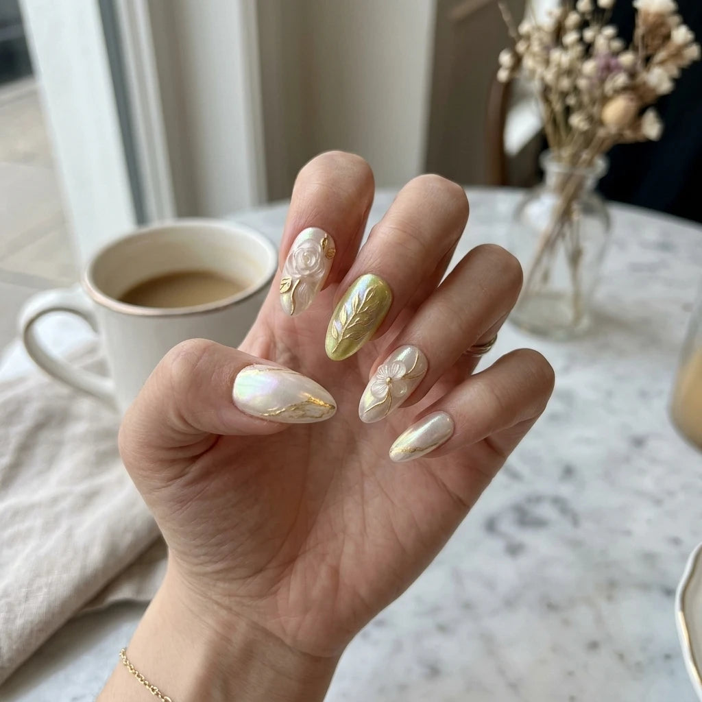 pearl lime gold 3d chrome almond press on nails rose floral vine detail 05