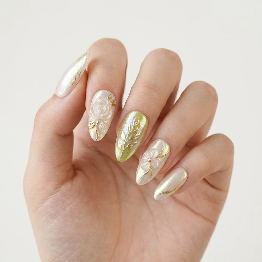 pearl lime gold 3d chrome almond press on nails rose floral vine lifestyle 03