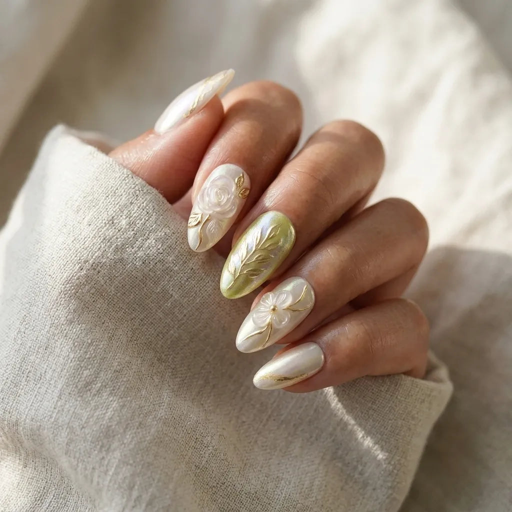 pearl lime gold 3d chrome almond press on nails rose floral vine mockup 01
