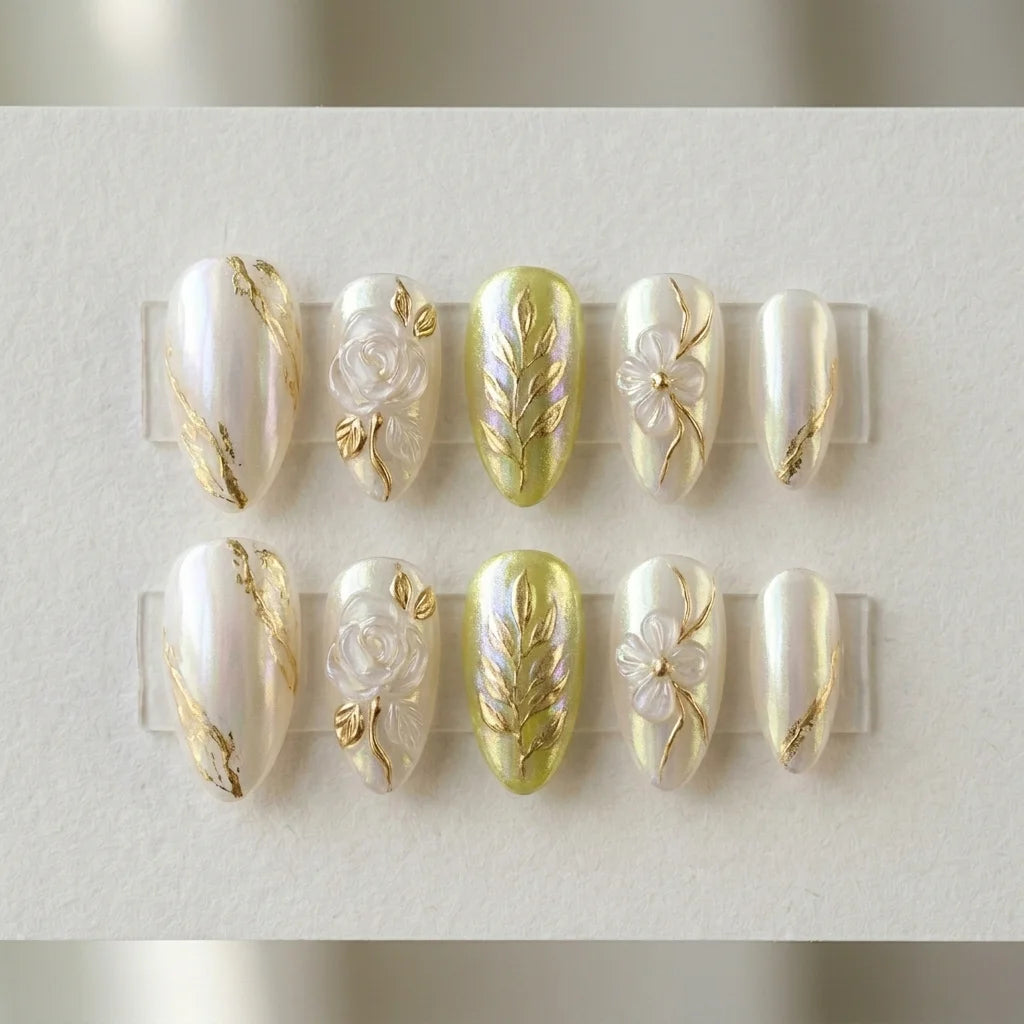 pearl lime gold 3d chrome almond press on nails rose floral vine mockup 02