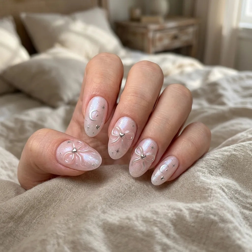pearl white 3d chrome oval press on nails ribbon bow moon star heart lifestyle 02