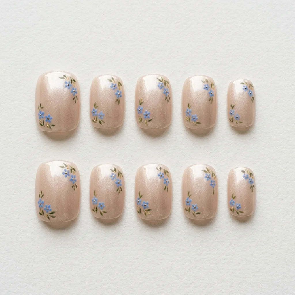pearl white blue hand painted chrome square short press on nails floral pattern flat lay 04