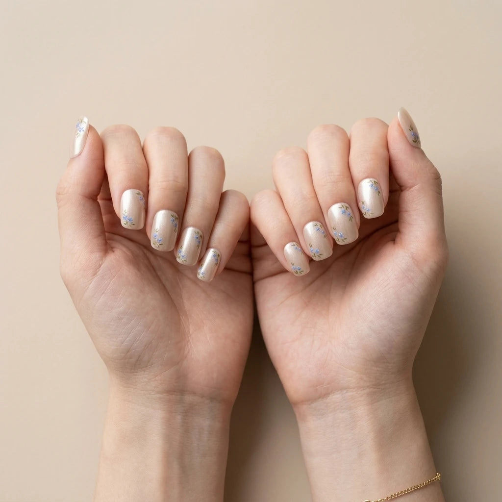 pearl white blue hand painted chrome square short press on nails floral pattern lifestyle 03