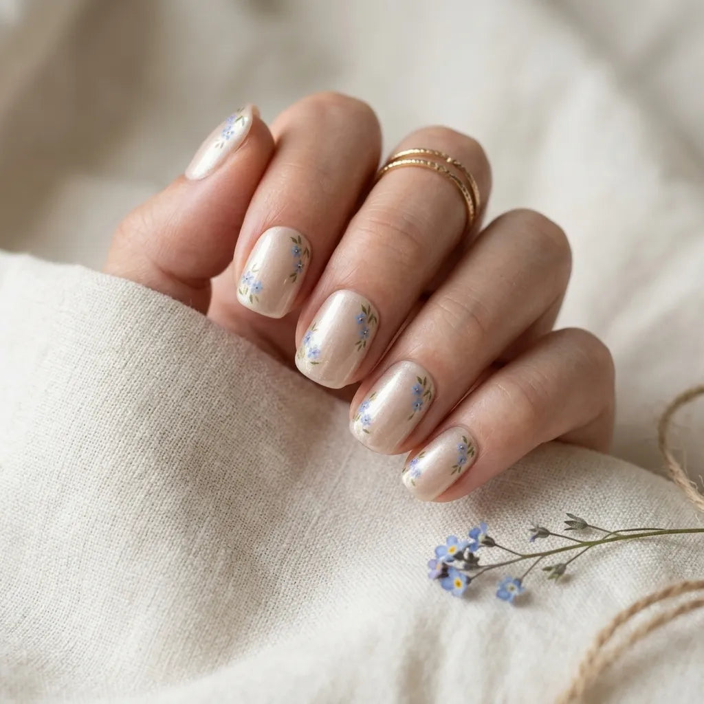 pearl white blue hand painted chrome square short press on nails floral pattern mockup 01