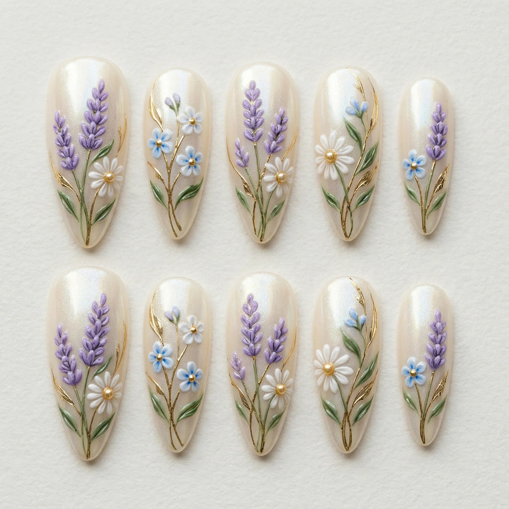 pearl white hand painted stiletto medium press on nails lavender daisy field flat lay 01