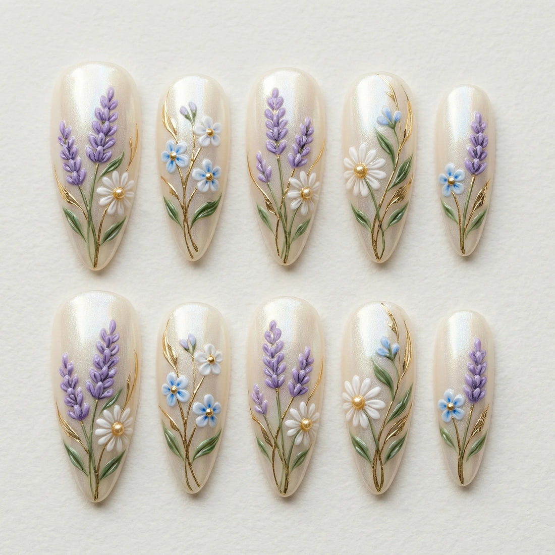 pearl white hand painted stiletto medium press on nails lavender daisy field lifestyle 02