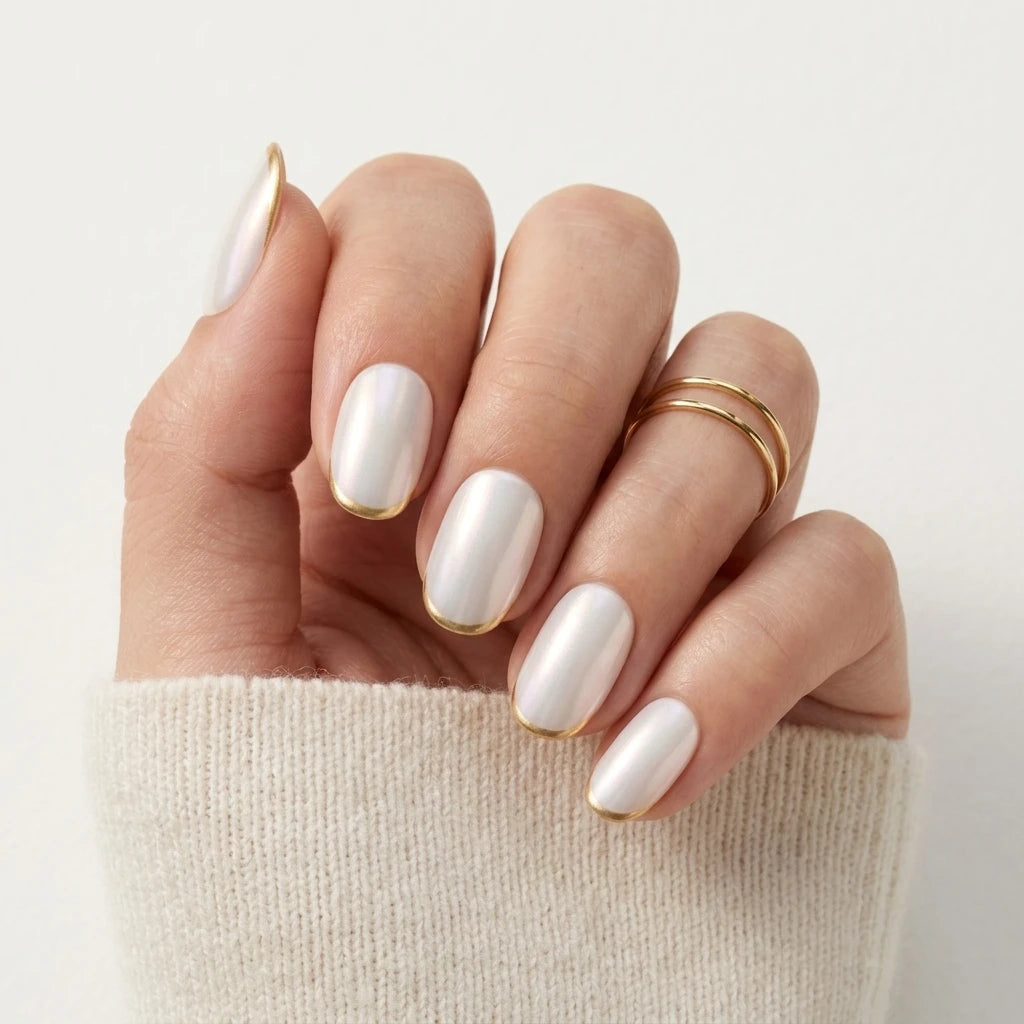 pearl white oval press on nails gold tip flat lay 02