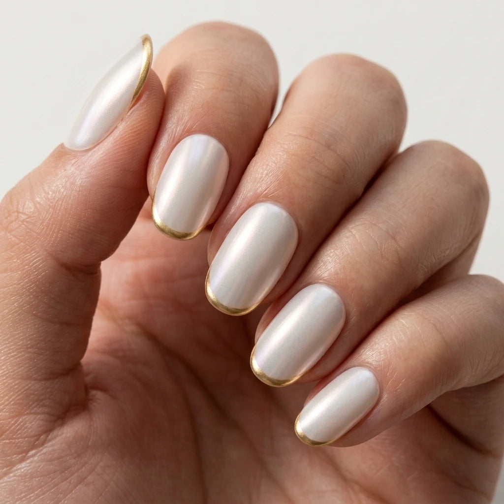 pearl white oval press on nails gold tip flat lay 03