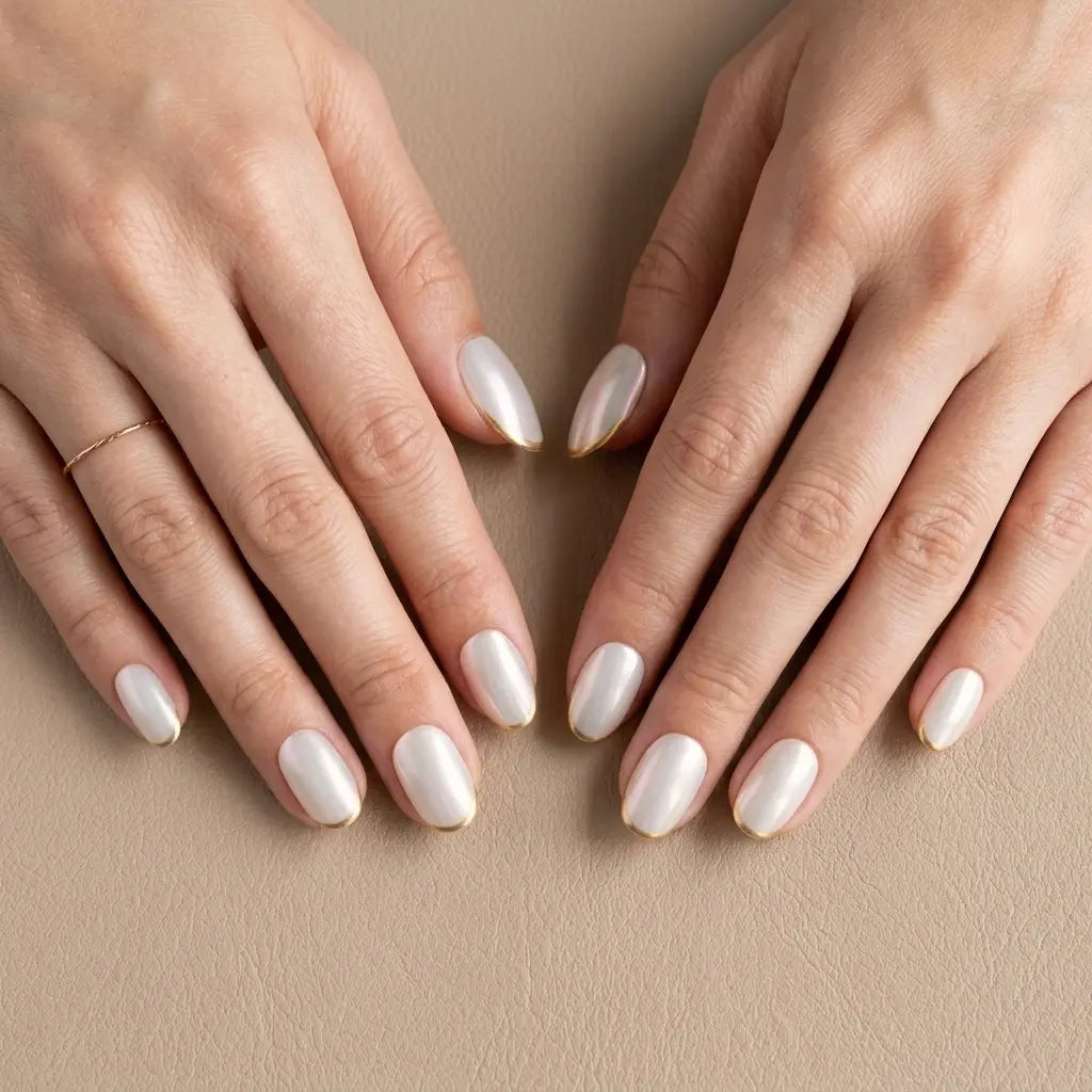 pearl white oval press on nails gold tip lifestyle 01
