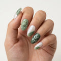 pearl white sage green 3d almond press on nails frog leaf detail 03