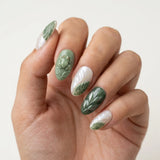 pearl white sage green 3d almond press on nails frog leaf detail 03