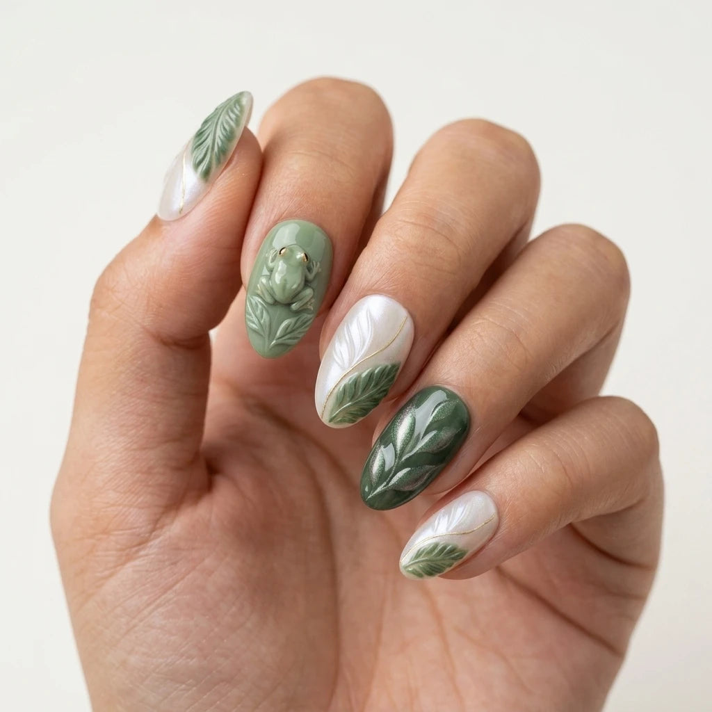pearl white sage green 3d almond press on nails frog leaf detail 03