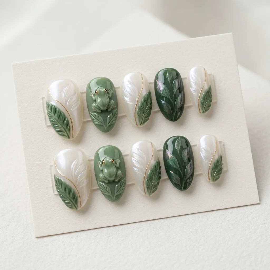 pearl white sage green 3d almond press on nails frog leaf flat lay 04